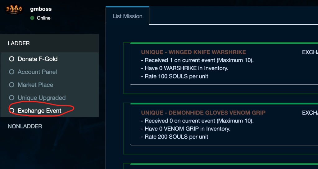 Giao diện Exchange Event trên web