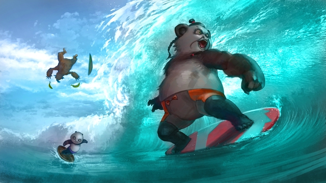 
Bố con nhà Panda thi nhau trổ tài lướt ván
